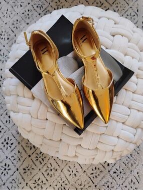 Metallic Gold Pointed T-Strap Flats by